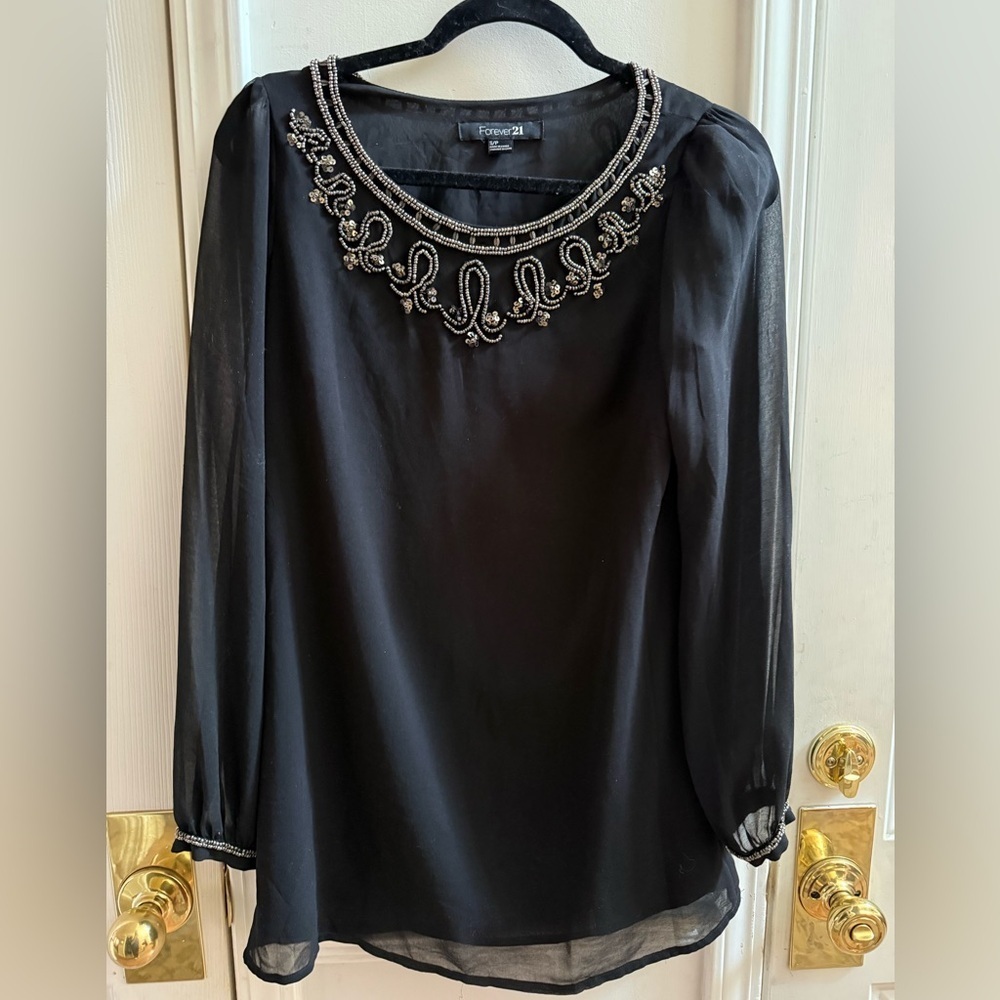 Forever 21 Beaded Chiffon Balloon Sleeve Tunic Top